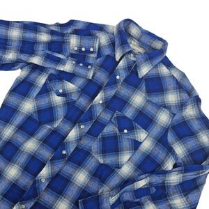 Vintage Wrangler Wrancher Flannel Mens M Long Sleeve Pearl Snap Shirt Blue Plaid
